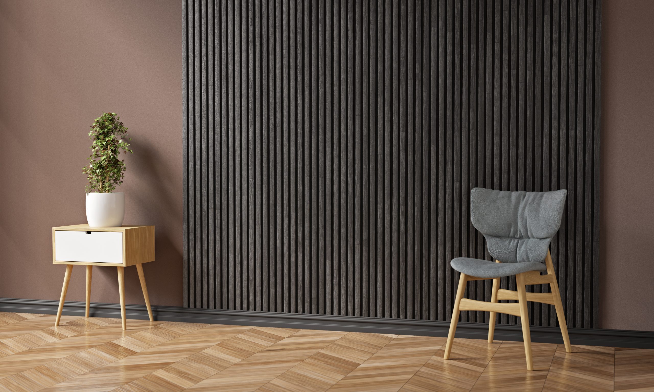 Tumedad lamellpaneelid elutoas, 3D renderdus