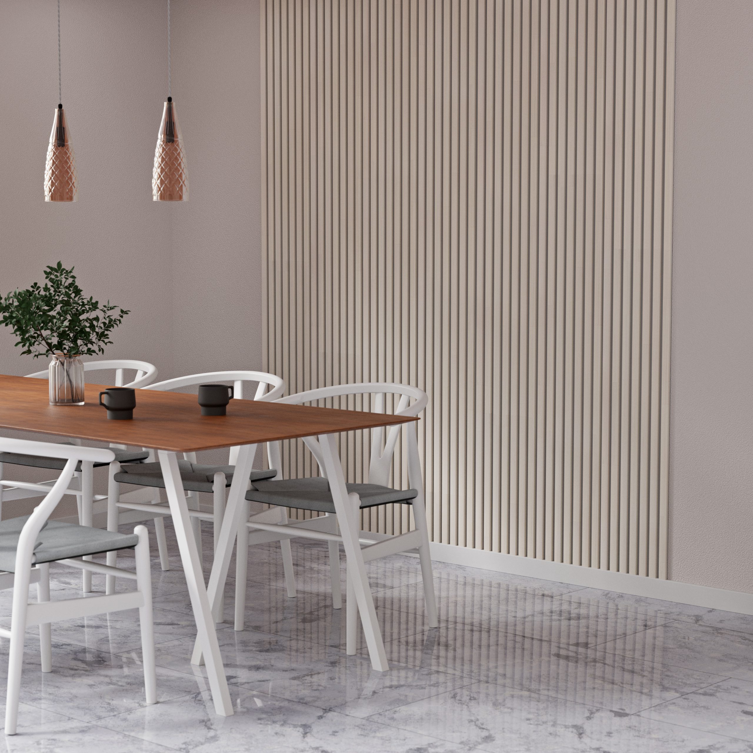 Valged seinapaneelid söögitoas, 3D renderdus