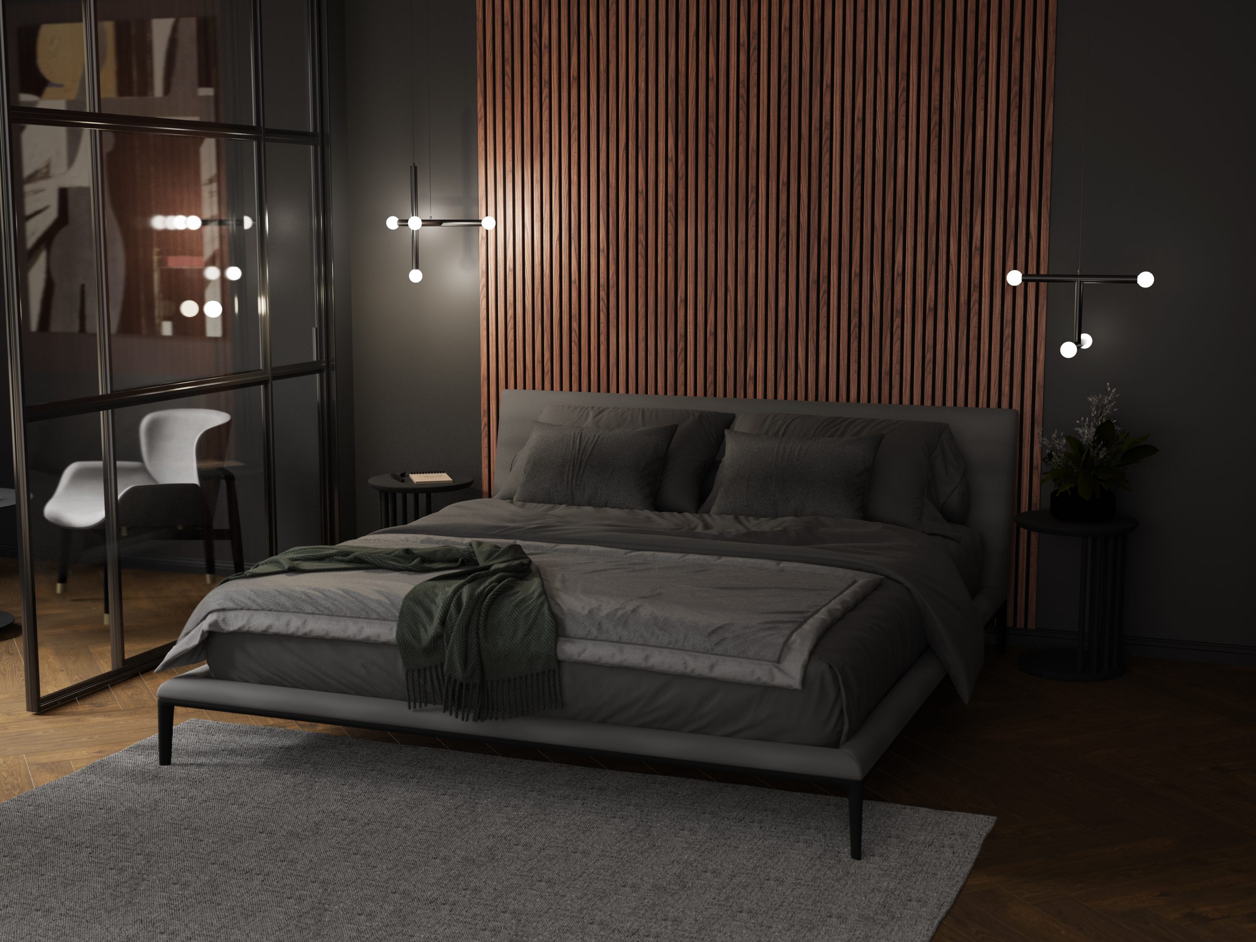 Pähklipuust akustilised paneelid magamistoas, 3D renderdus